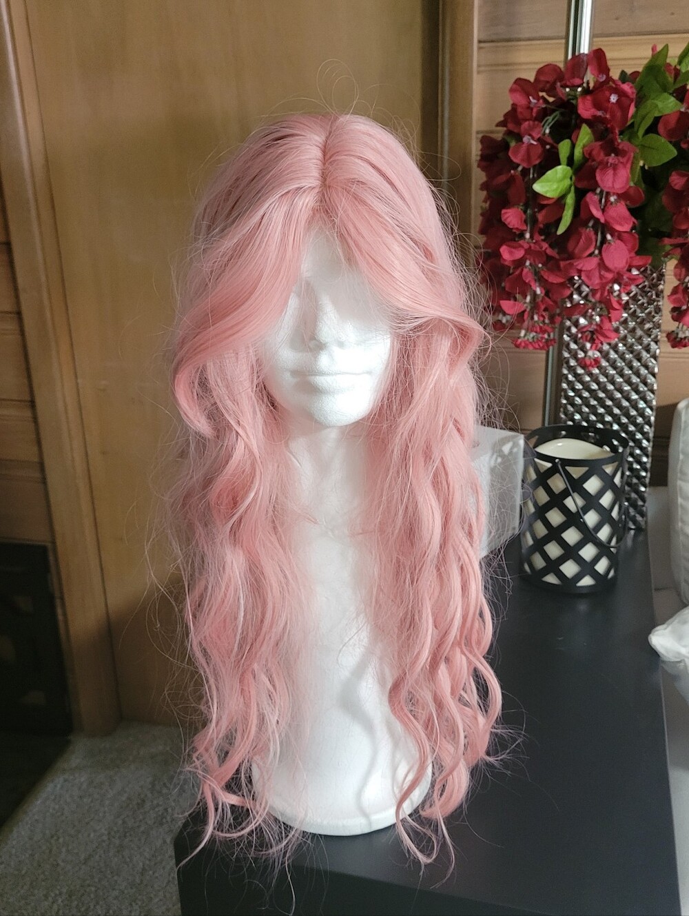 Long Pastel Pink Wavy Women's Wig - Soft Beach Waves And Curtain Bangs. 26"